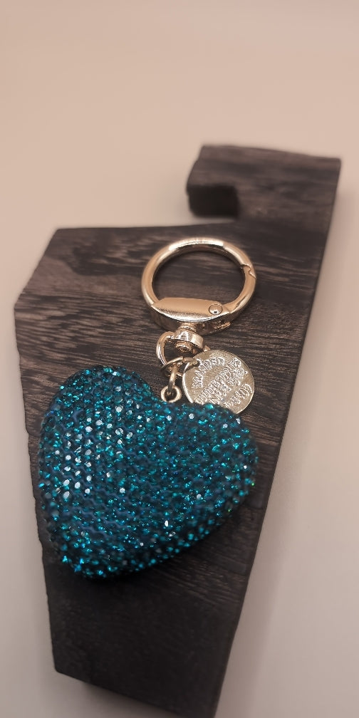 Blue/Green Rhinestone Heart Keychain, double sided, Branded, Gift,